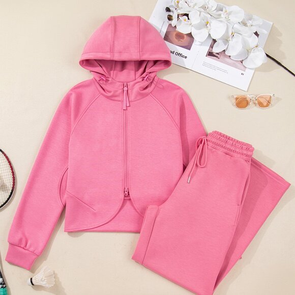 B314 Pink Solid Zip Up Hoodie and Drawstring Loose Pants Set - Picture 8 of 8